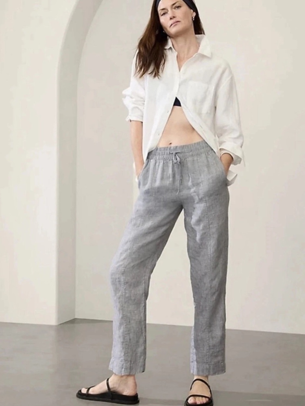Athleta Retreat Linen Ankle Pants Medium Storm Cloud Grey - Picture 2 of 9